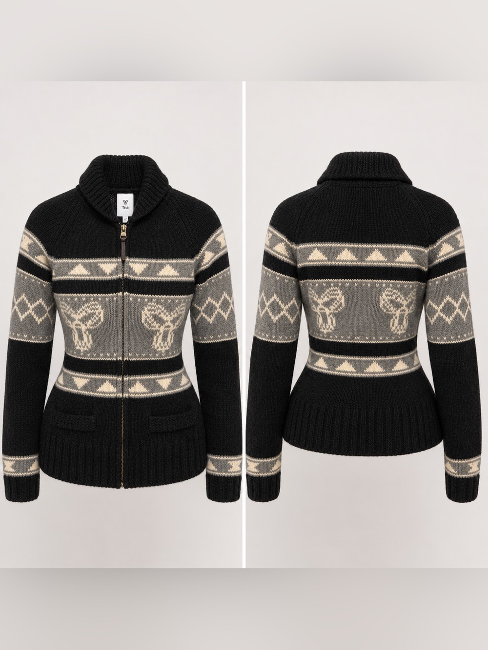 TNA Black, Gray & Cream Zip-Up Nordic Knit Jacket